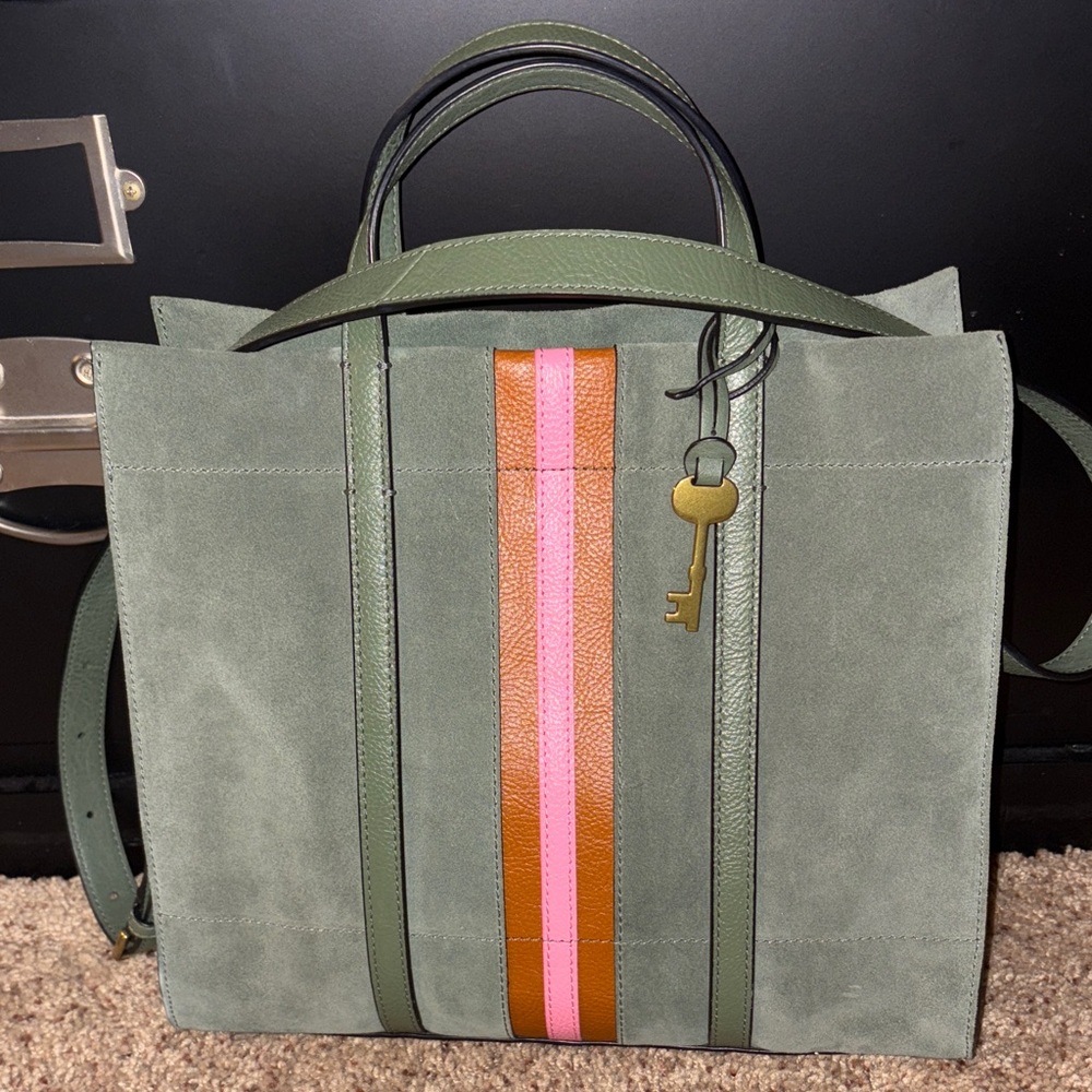 Fossil Stylish Green Tote Bag with Pink and Orange Stripes
